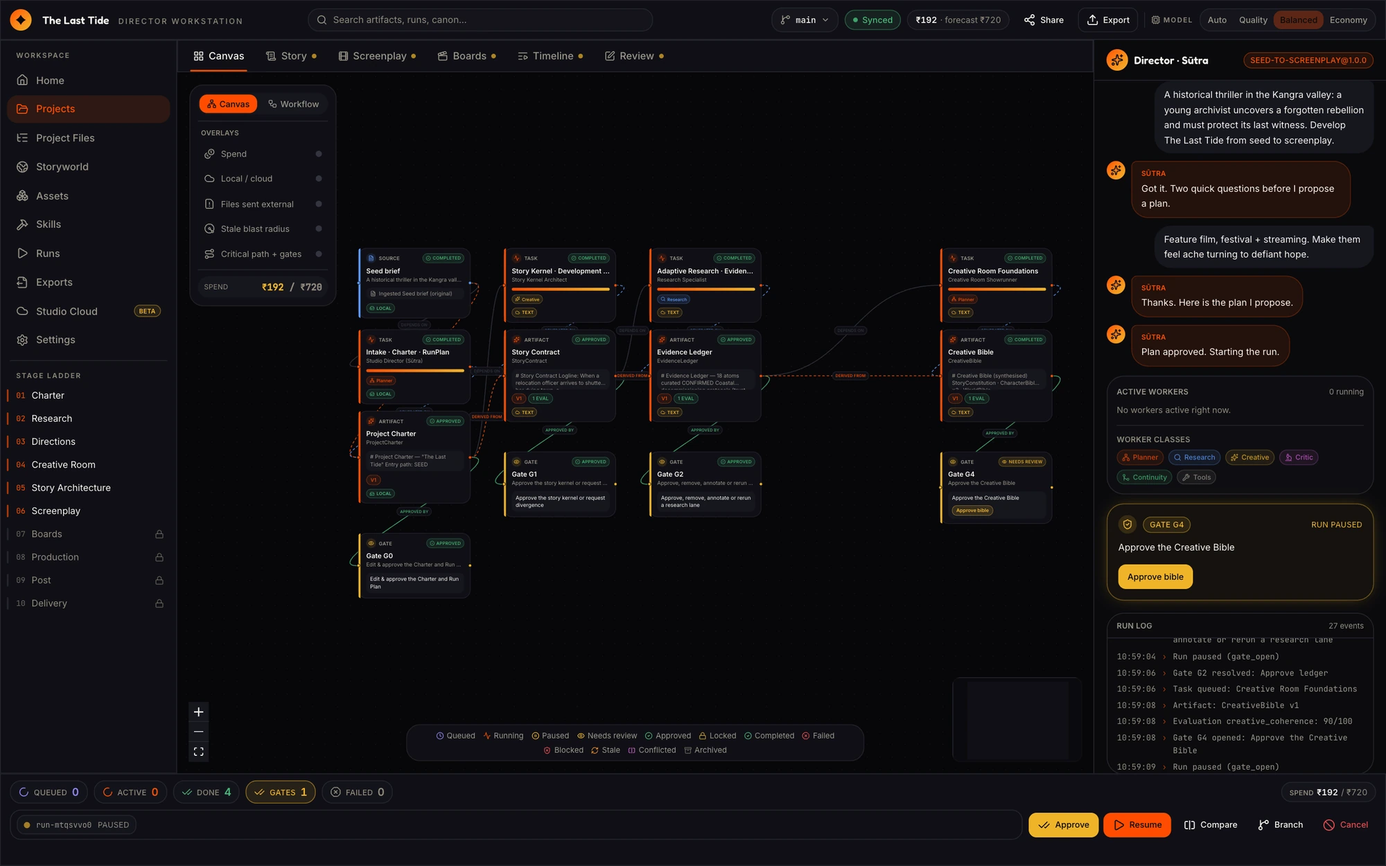 The actual Realms workspace, with connected story development, research and production nodes