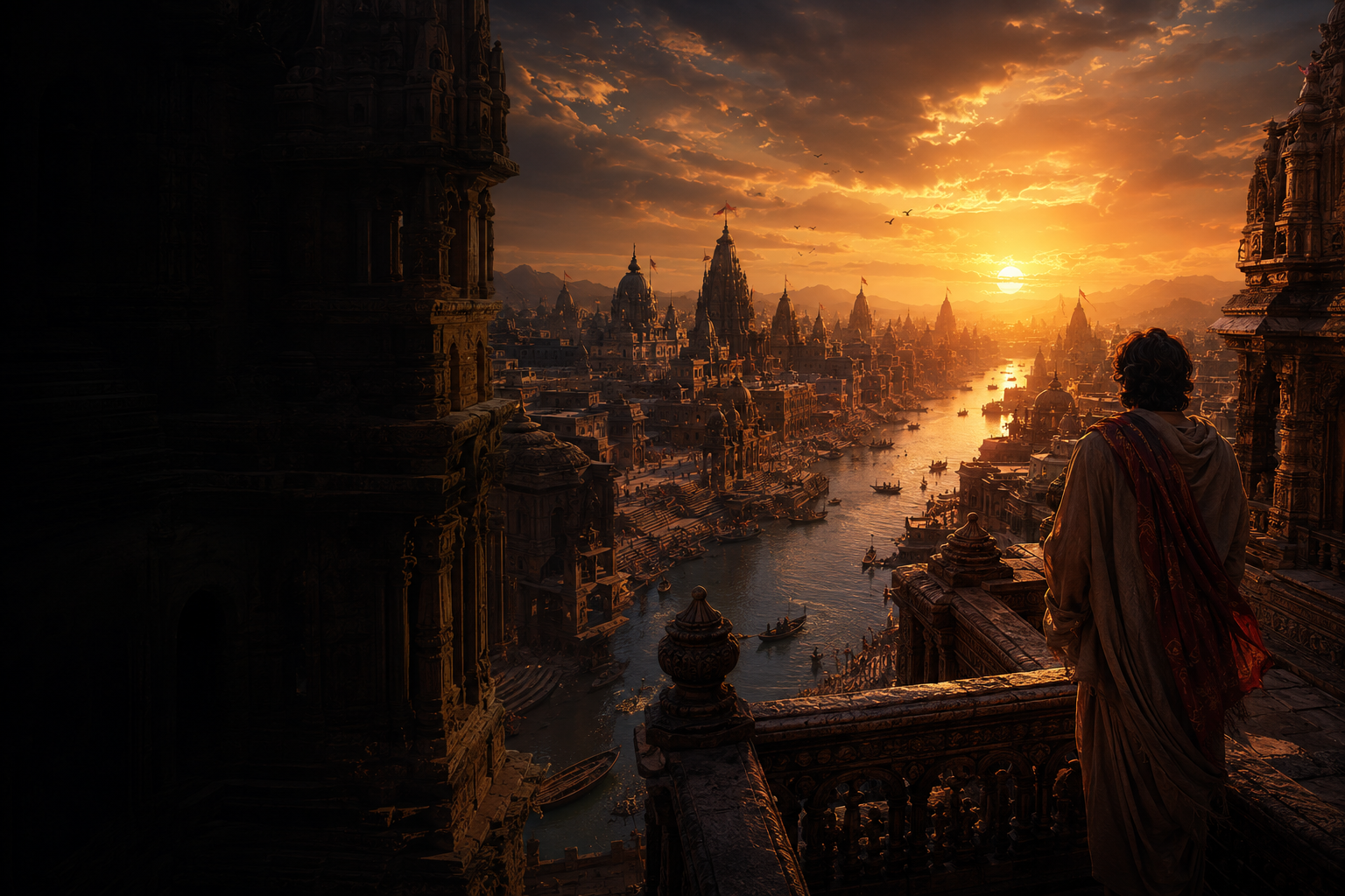A traveler looks across a vast imagined Indian river city at sunset