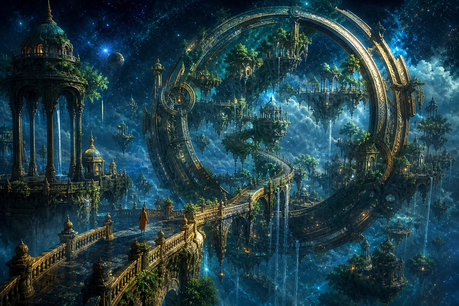 Original concept art: an explorer enters a celestial archipelago within a vast bronze ring, with floating gardens and waterfalls