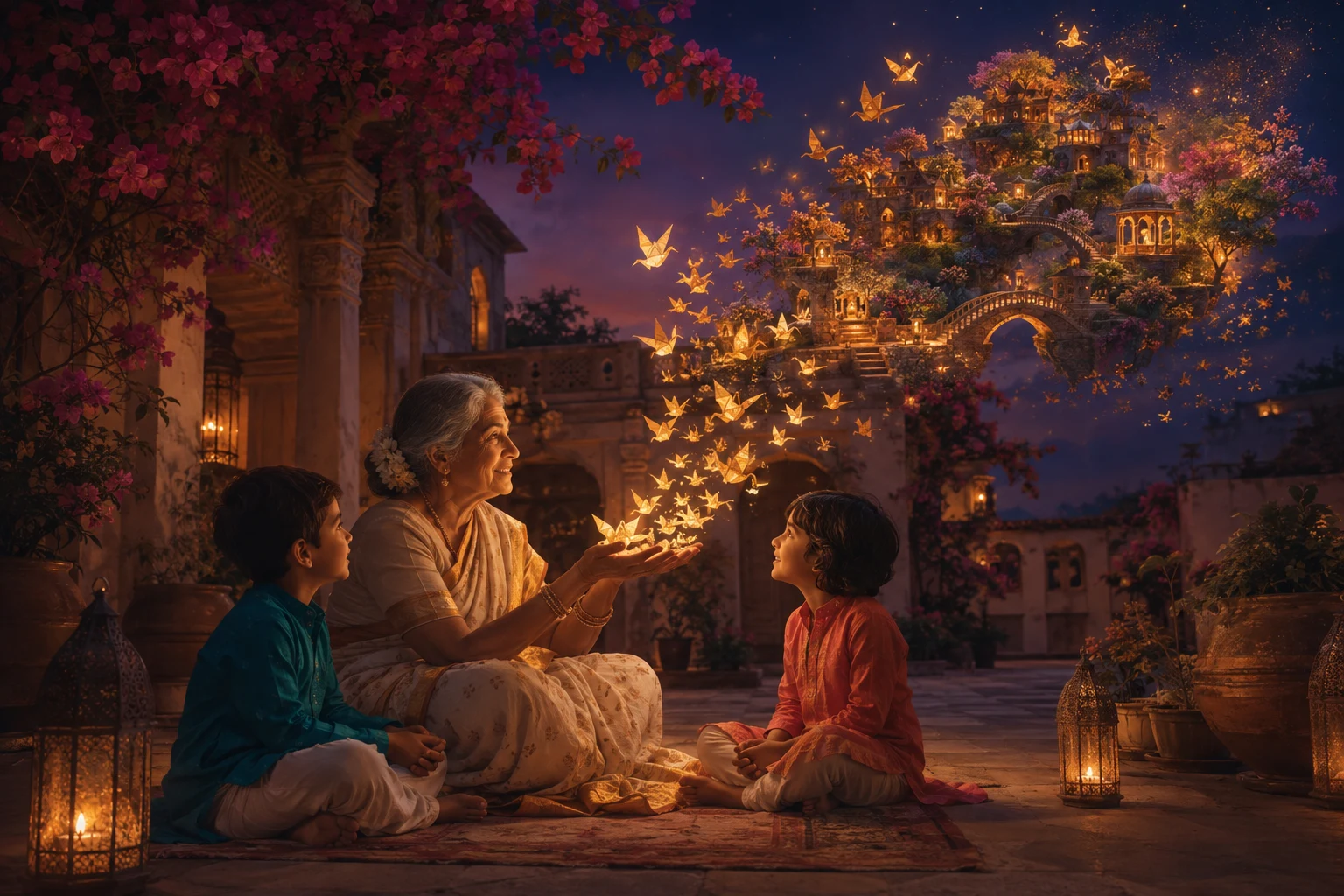 Original concept art: a grandmother and two children watch golden paper birds become an imaginary floating garden