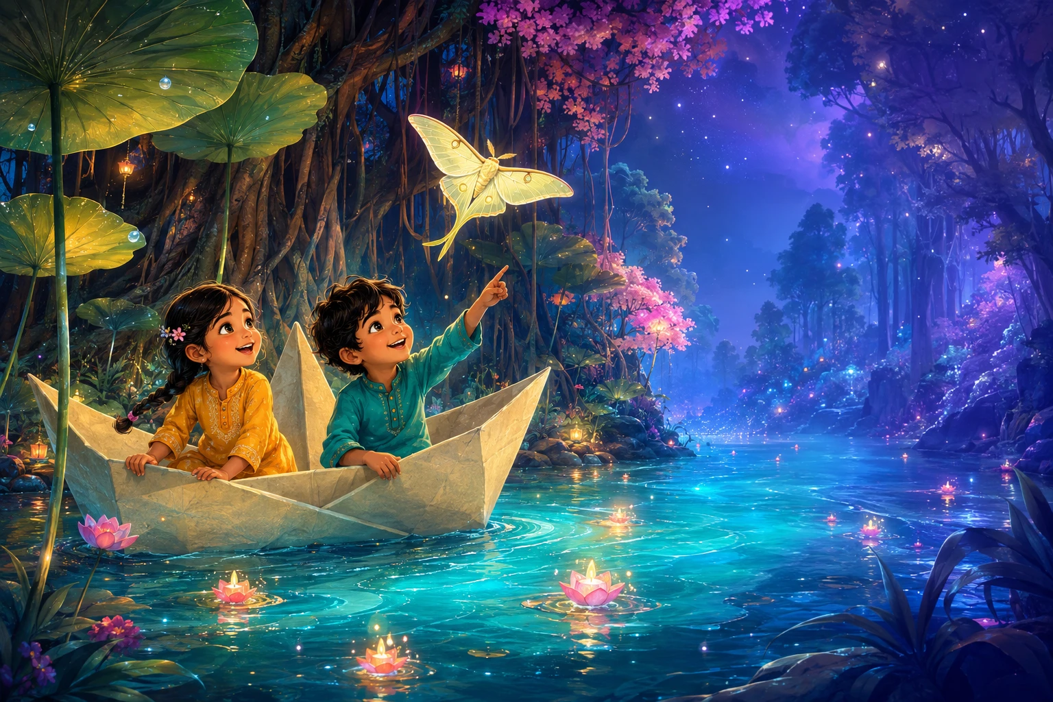 Original concept art: two children sail a paper boat through a luminous forest beneath a glowing moon-moth