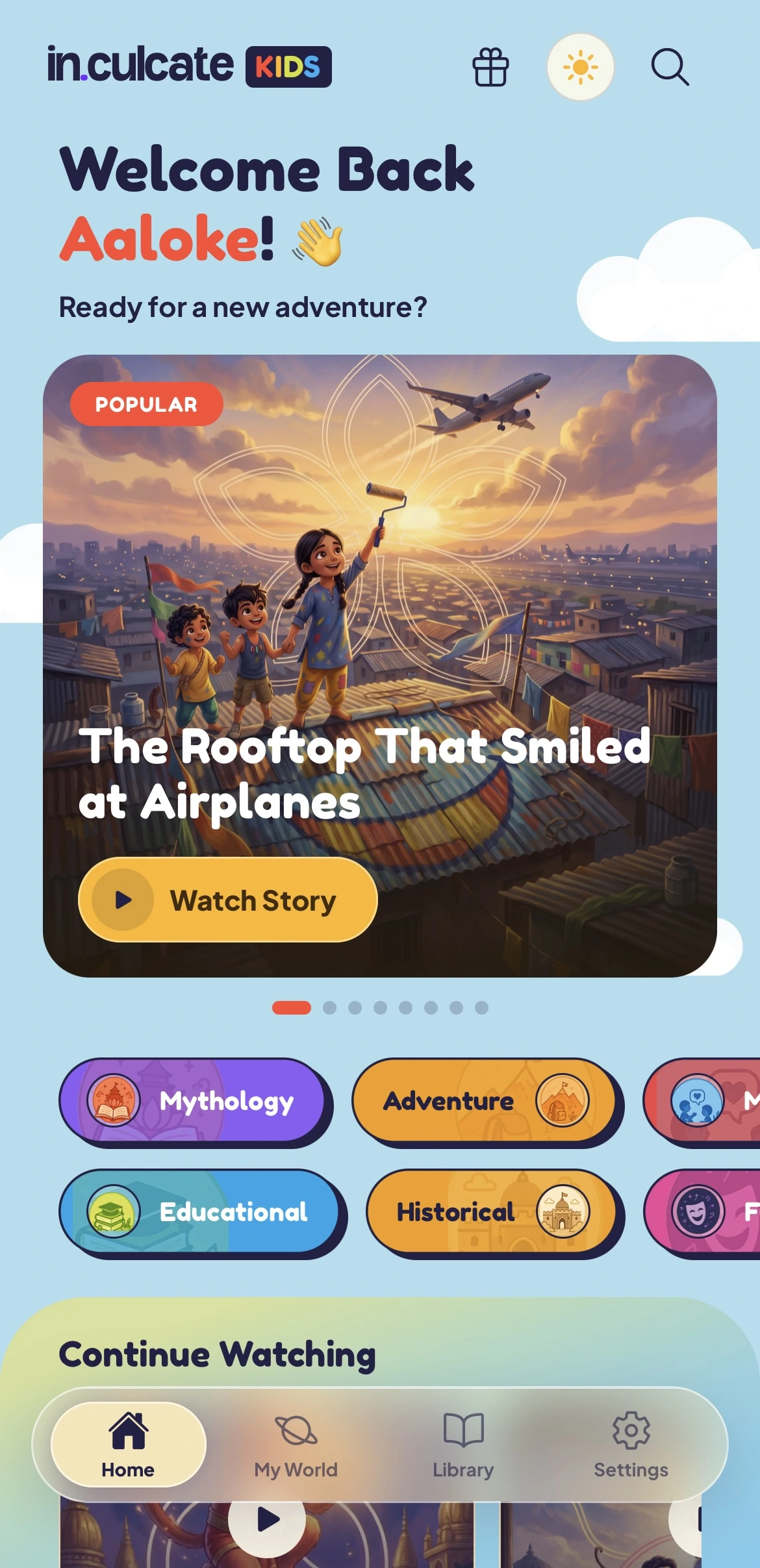 The actual in.culcate Kids home screen, featuring The Rooftop That Smiled at Airplanes and story categories
