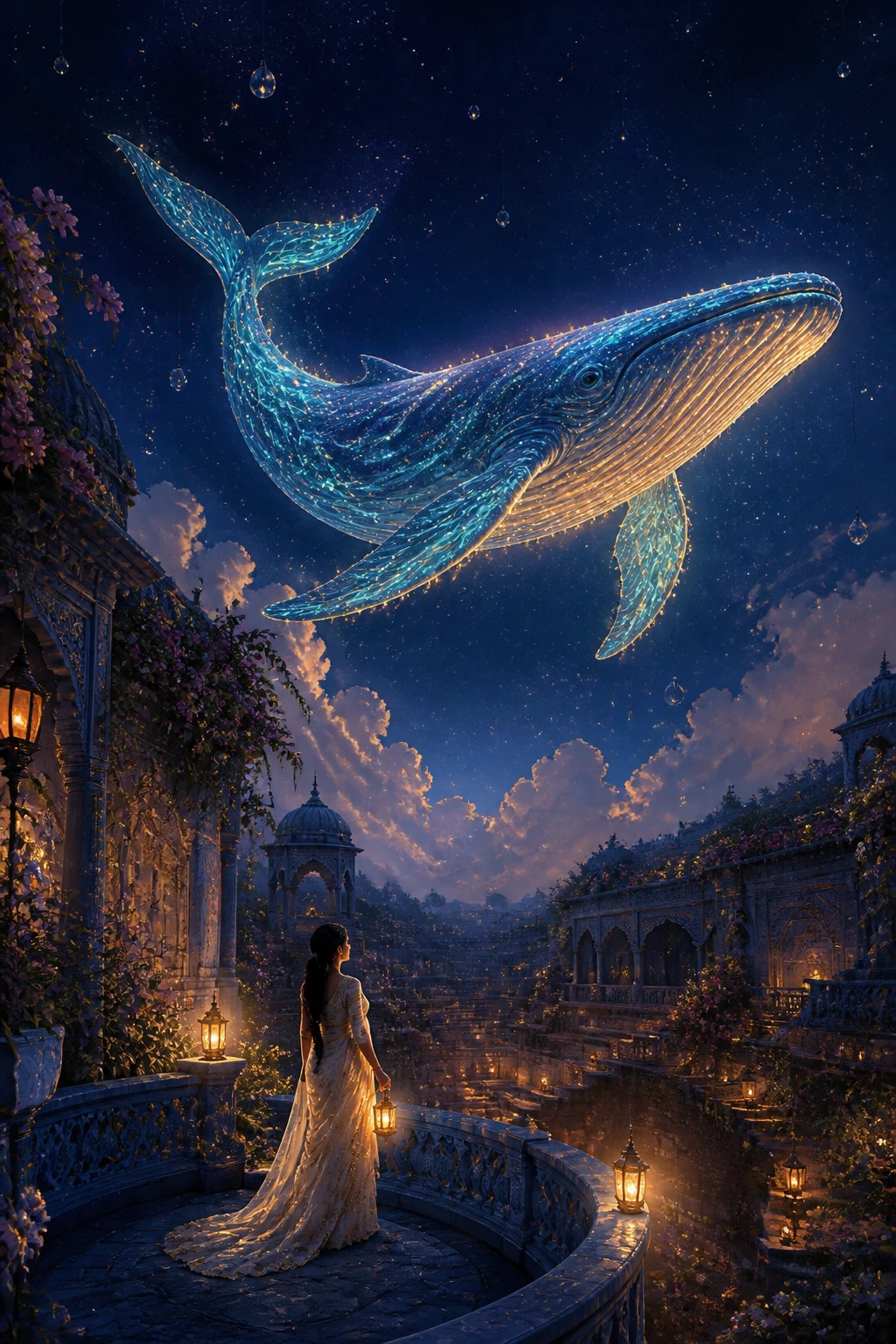 Original concept art: a luminous celestial whale above a lantern-lit stepwell and a storyteller