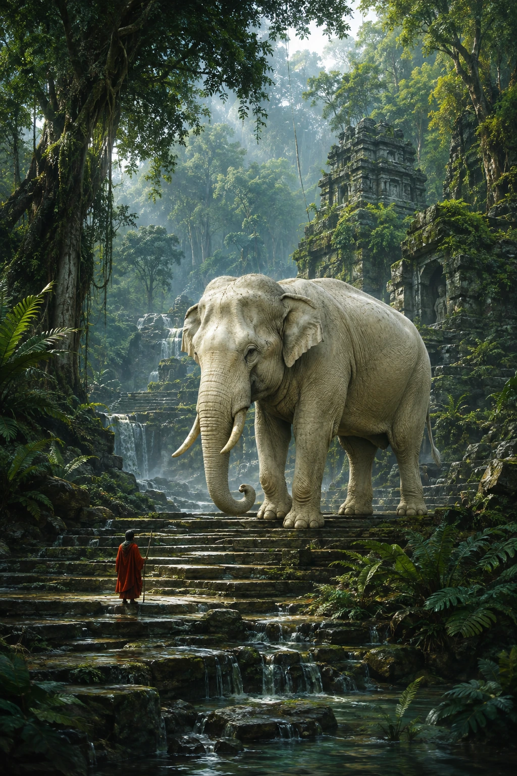 Original concept art: an ivory elephant towers over a traveler on stone steps in a lush monsoon forest